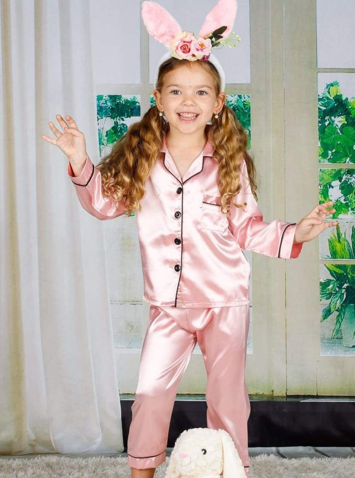 Mommy & Me Silky Long Sleeve Pajamas (Navy Pink Silver) - Mommy & Me Pajama