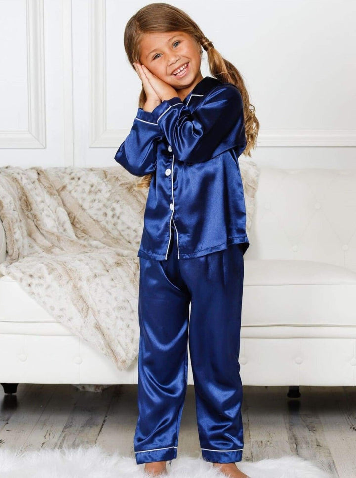 Mommy & Me Silky Long Sleeve Pajamas (Navy Pink Silver) - Mommy & Me Pajama