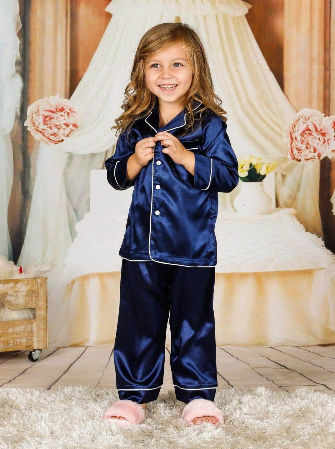 Mommy & Me Silky Long Sleeve Pajamas (Navy Pink Silver) - Mommy & Me Pajama