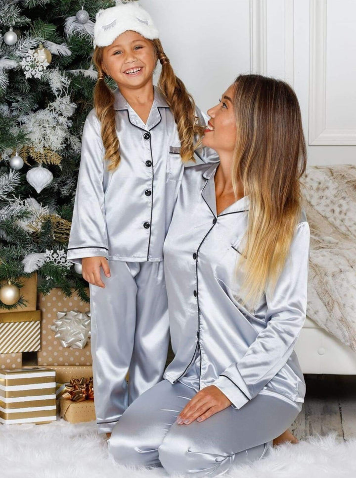 Mommy & Me Silky Long Sleeve Pajamas (Navy Pink Silver) - Mommy & Me Pajama