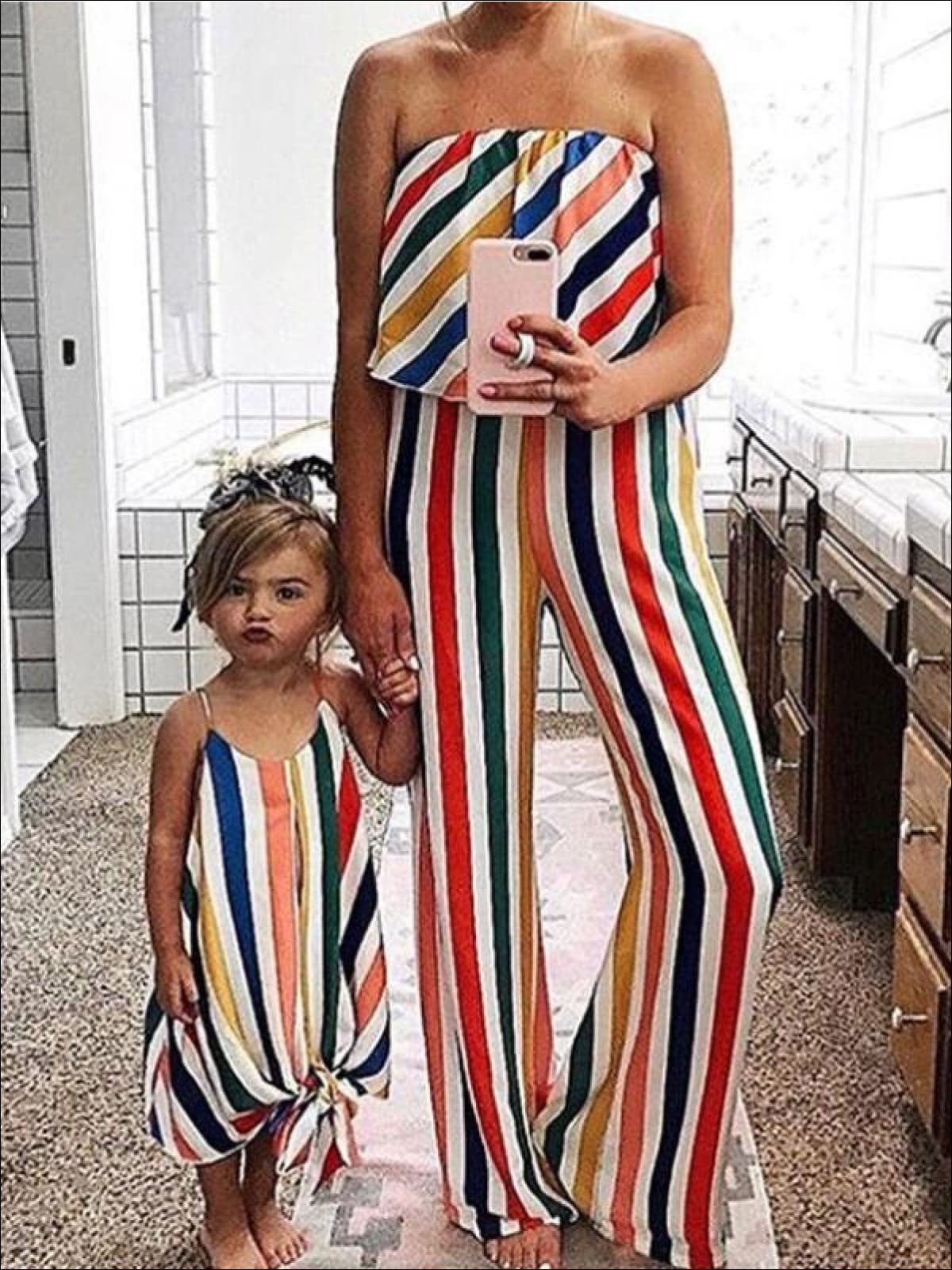 Mia Belle Girls S Mommy and Me Striped Sleeveless Jumpsuit and Maxi Dress Multicolor 6Y