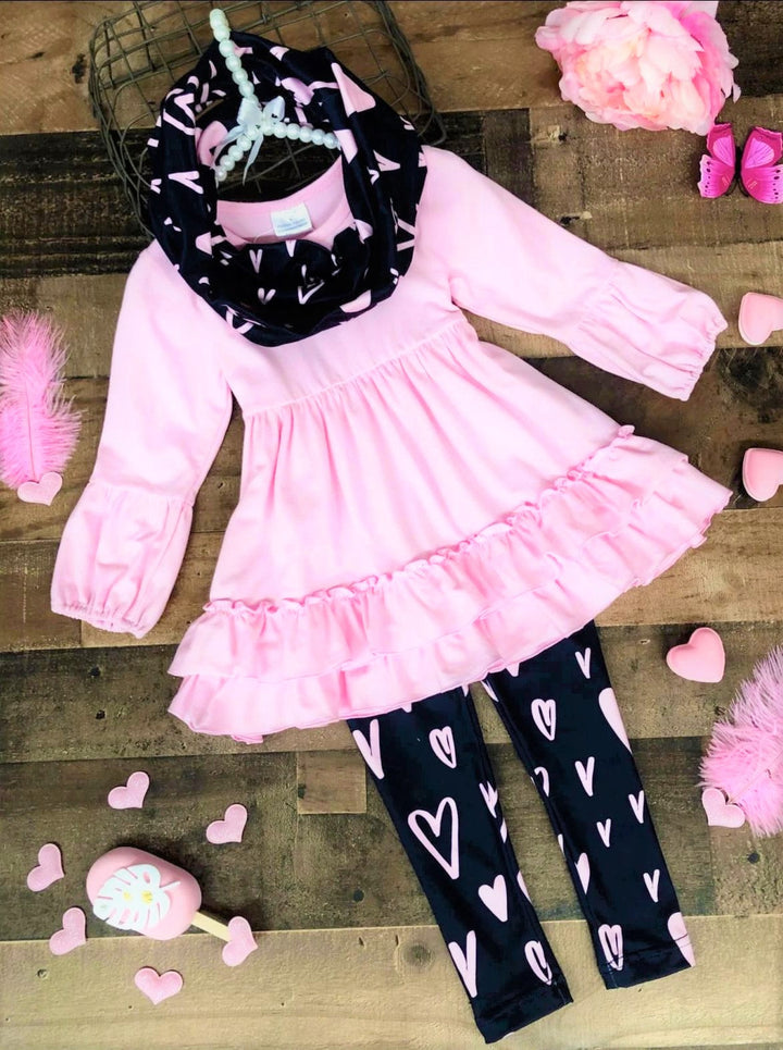 Kids Valentine's Clothes | Girls Tunic Heart Print Scarf & Legging Set