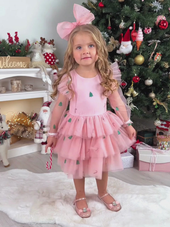 Frosted Pink Candy Cane Christmas Ruffled Tutu Dress