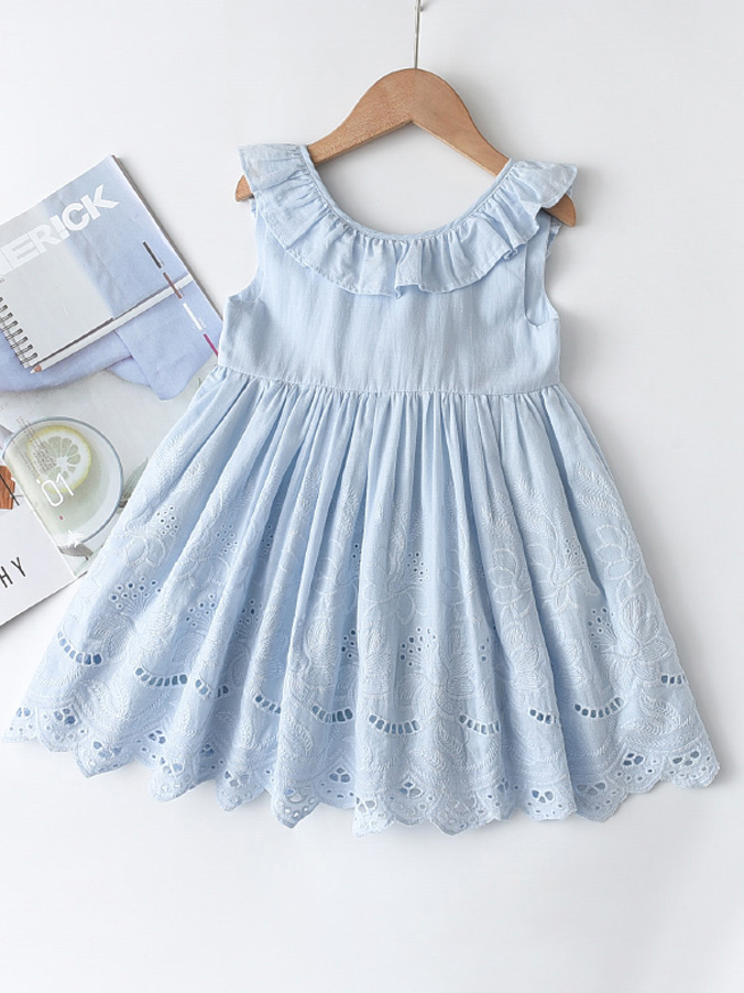 Girls Casual Spring Dresses | Sleeveless Blue Ruffle Eyelet Dress – Mia  Belle Girls