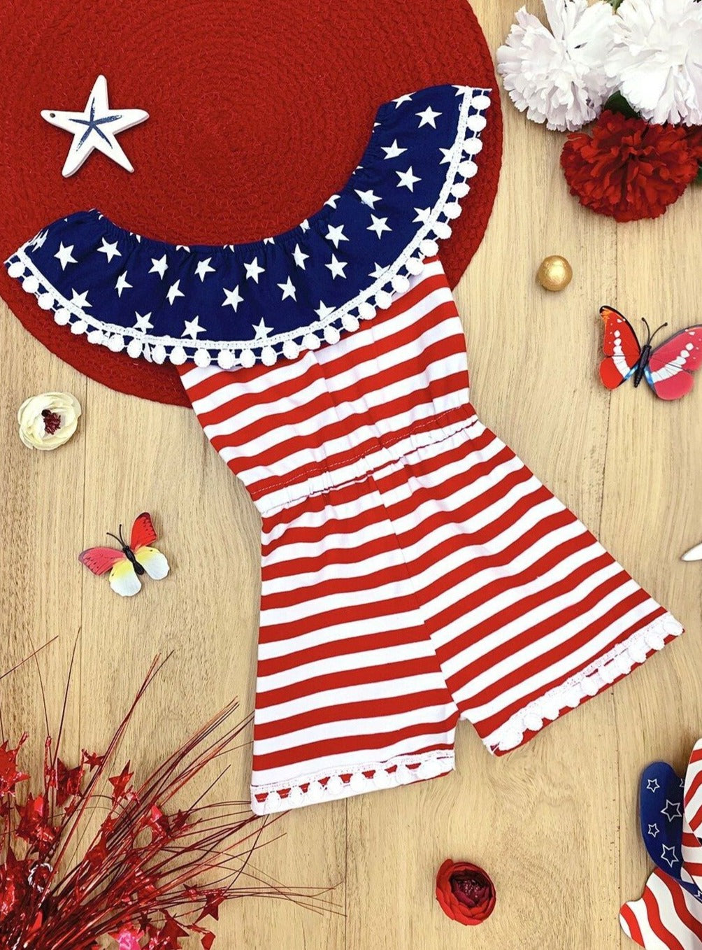 Mia Belle Girls US Flag Pom Pom Romper | 4th of July Outfit 