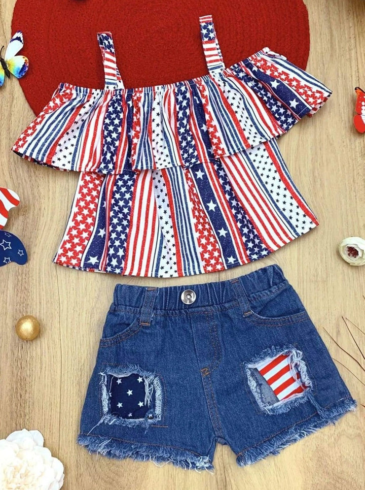 Girls 4th of July Set | Stars & Stripes Top & Patched Denim Shorts Set