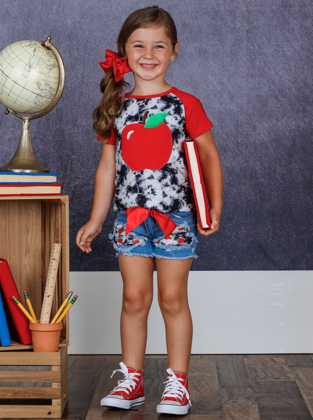 Back To School Apple Tie Dye Patched Denim Short Set | Mia Belle Girls