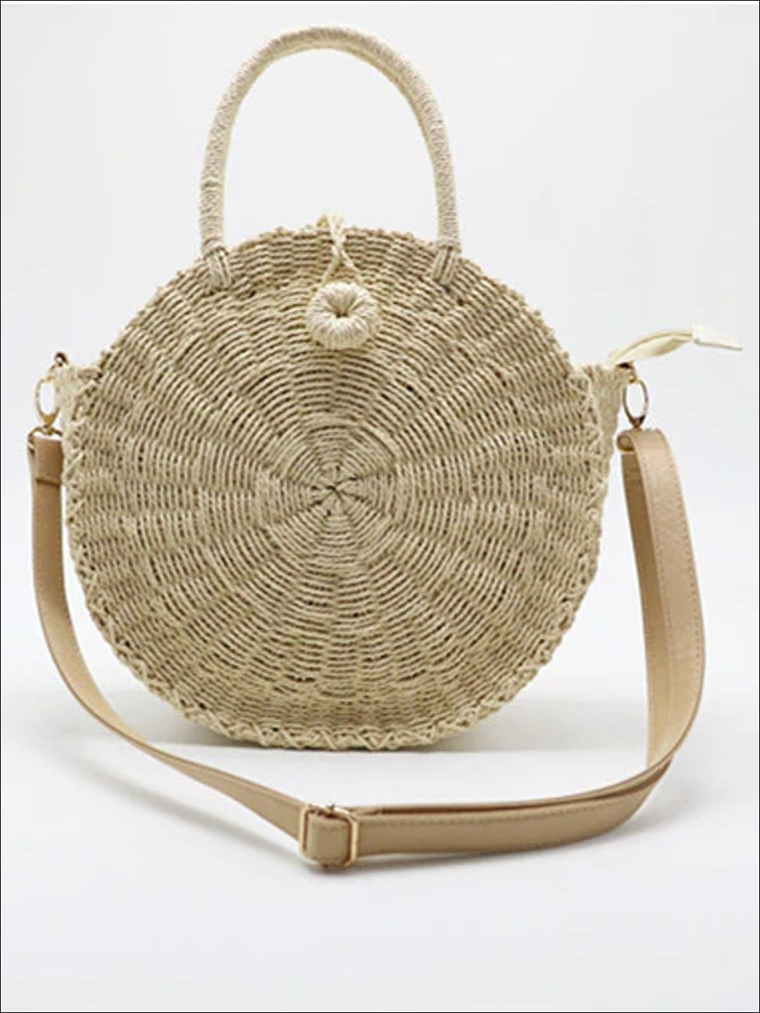 Girls Handmade Round Summer Straw Shoulder Bag - Beige - Mia Belle Girls