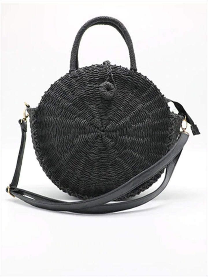 Girls Handmade Round Summer Straw Shoulder Bag - Black - Mia Belle Girls