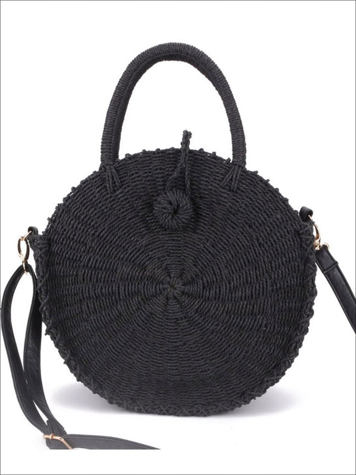 Girls Handmade Round Summer Straw Shoulder Bag - Black - Mia Belle Girls