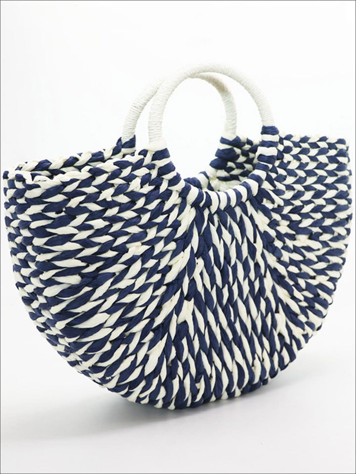 Womens Summer Handmade Half Circle Rattan Handbag - Blue - Womens Accessories