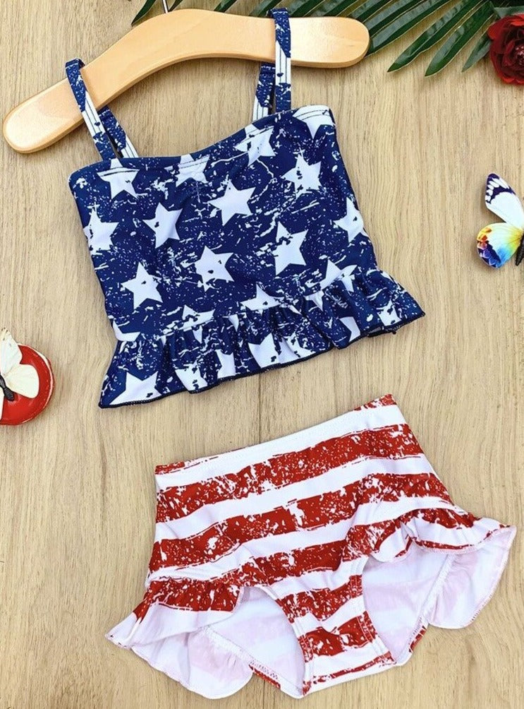 Girls Americana Ruffle Tankini Two Piece Swimsuit | 4th of July