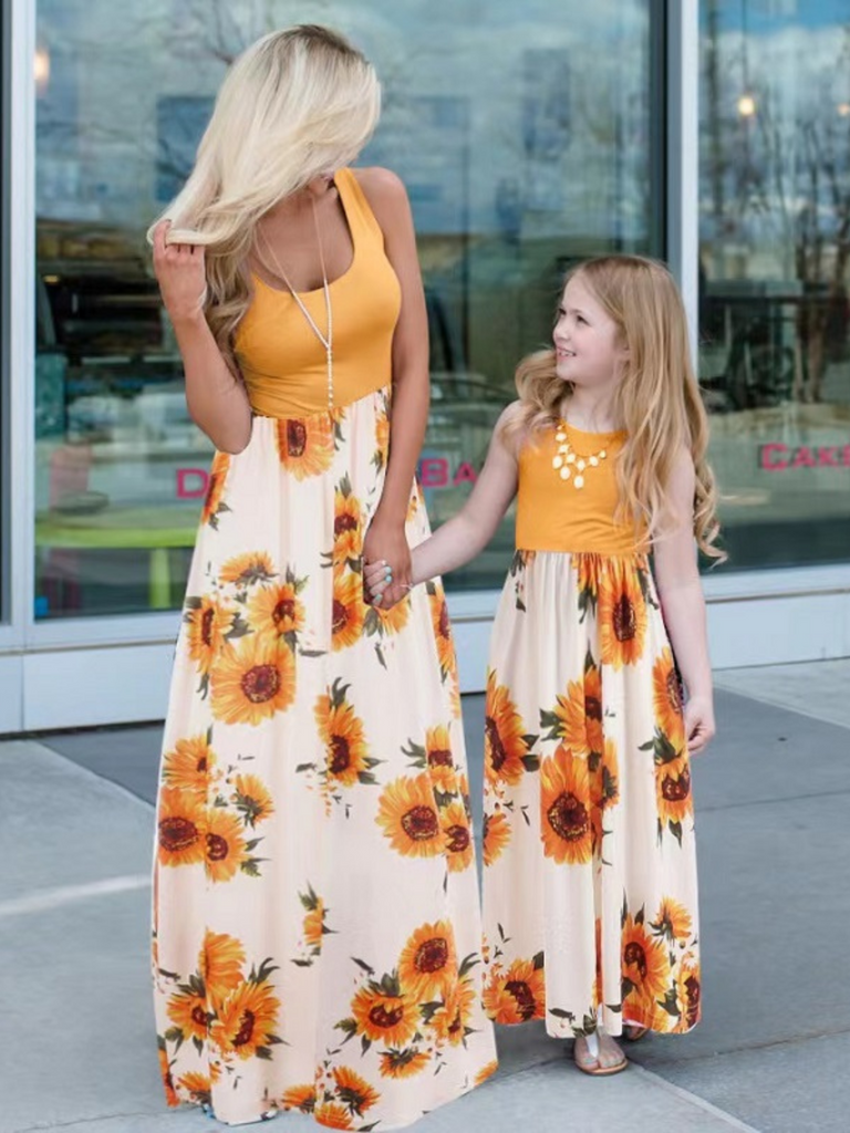 Sunflower Print Sling Midi Dress for Mom and Me