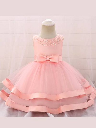 Baby dress features beautiful beads on the bodice, voile with satin hem-pink
