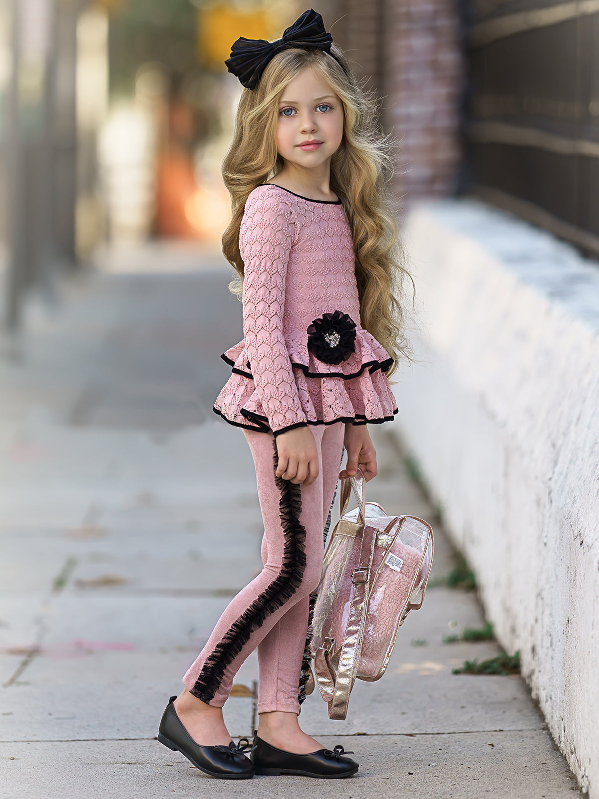 Mia Belle Girls Lace Tiered Peplum Long Sleeve Tunic And Leggings Set