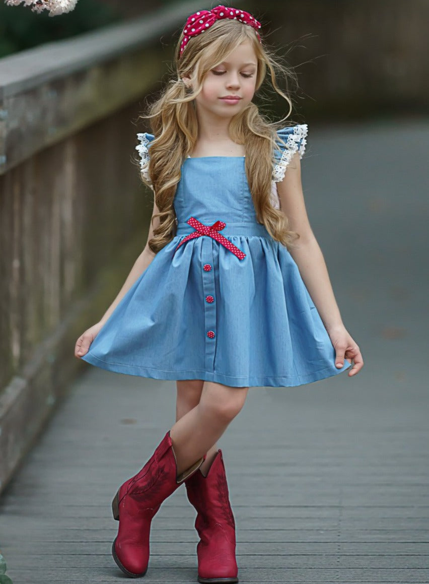 Toddler Spring Dresses | Girls Ruffled Collar Lace Hem Chambray Dress ...