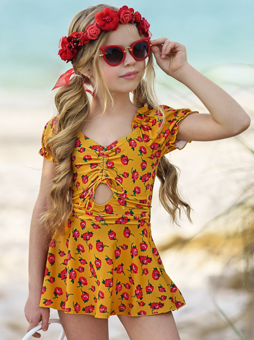 One Piece Girls Swimsuit | Puff Sleeve Rose Print Dress Swimsuit – Mia ...