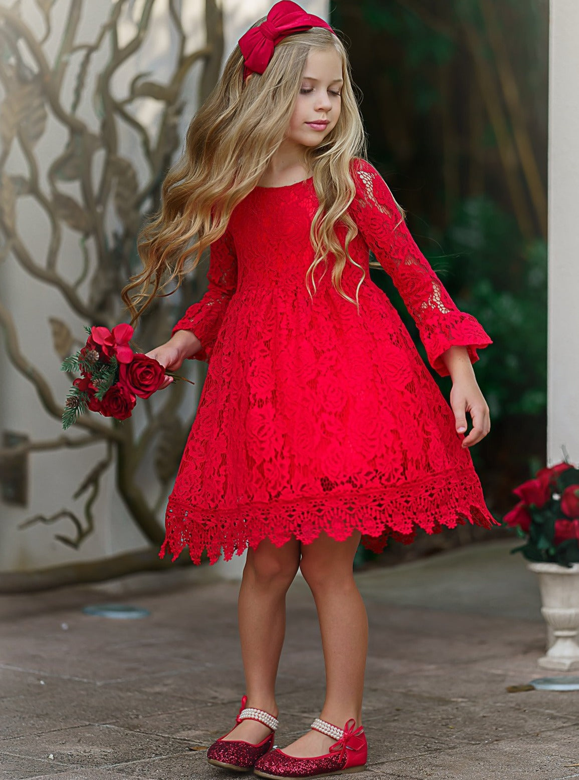 Little Girls | Long Sleeve Floral Lace Dress - Belle Girls