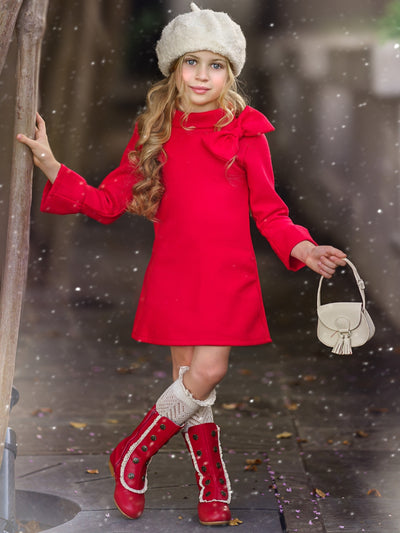 Little Girls Fall Bow Accent Red A-Line Dress - Mia Belle Girls