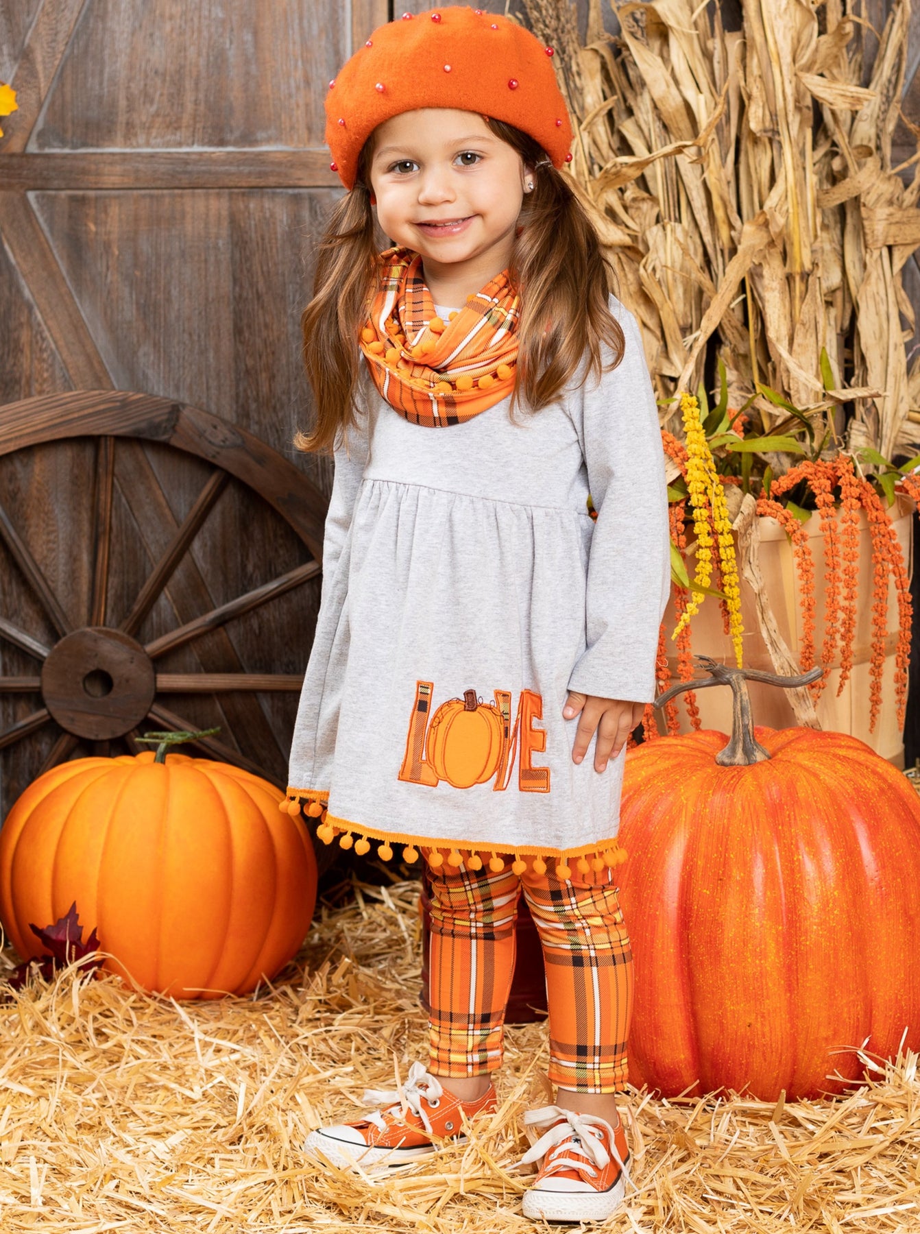 Girls Pumpkin Themed Tunic, Leggings & Scarf Set - Mia Belle Girls