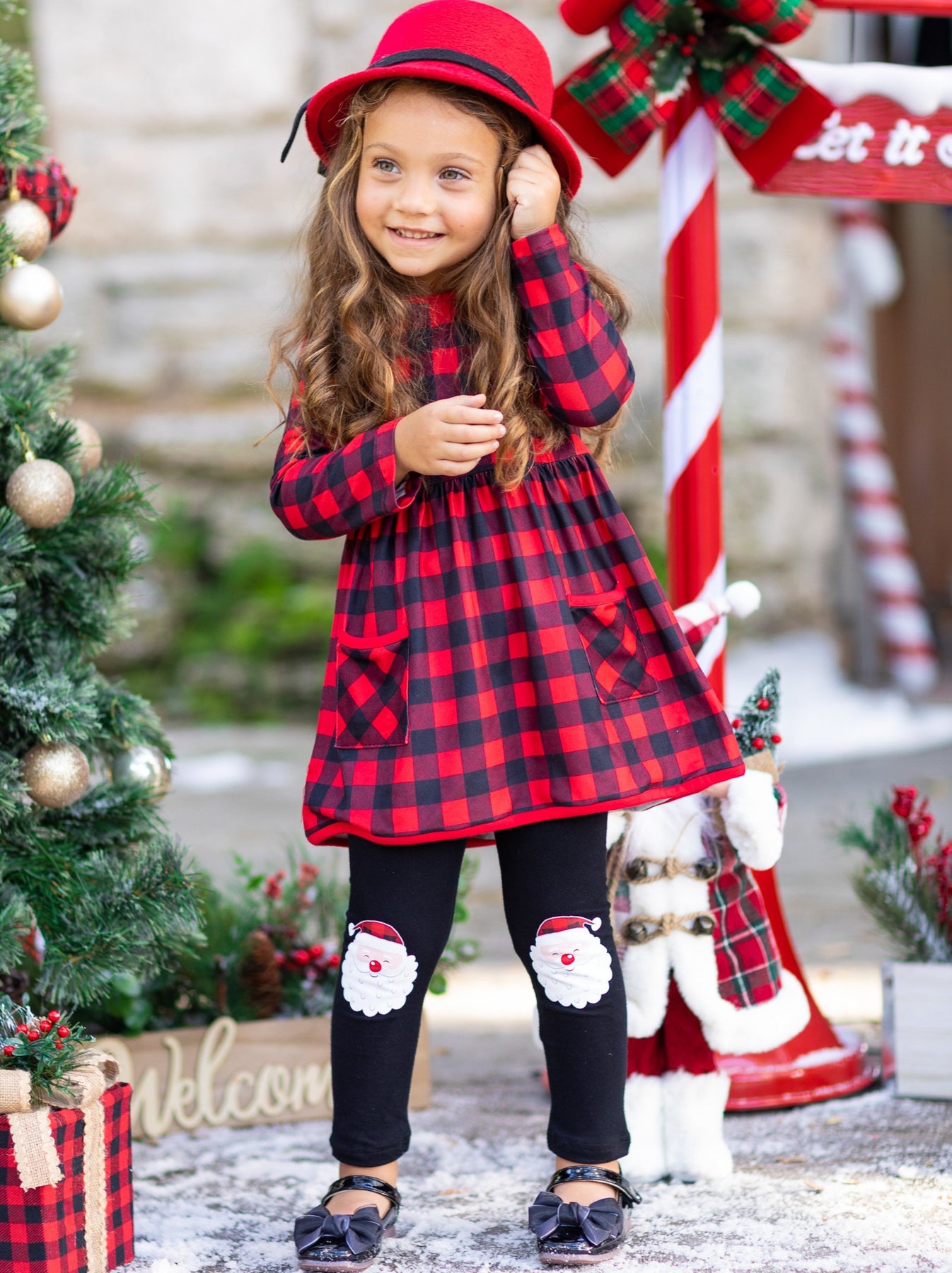 Cute Christmas Outfits  Girls Santa Tunic, Plaid Scarf And Legging Set –  Mia Belle Girls