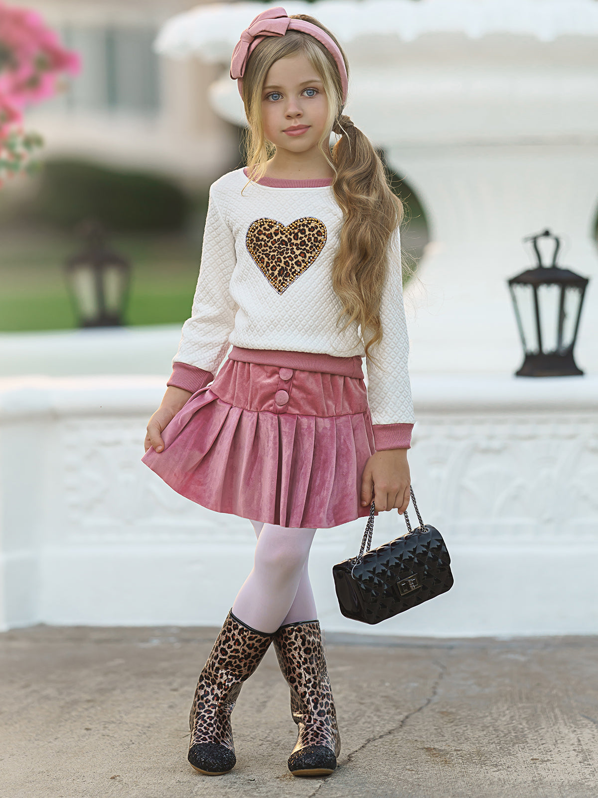 Mia Belle Girls Leopard Heart Sweatshirt and Pleated Skirt Set