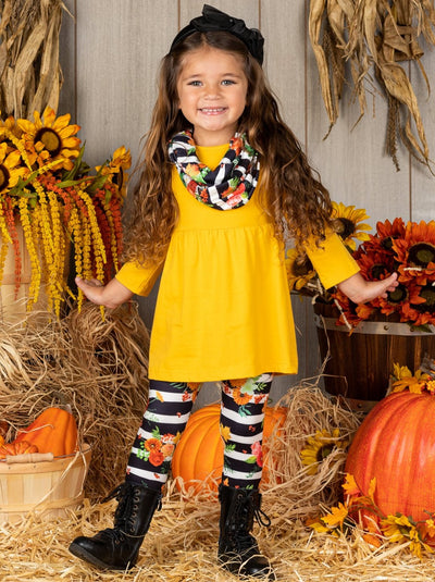 Cute Girls Fall Outfits | Floral Striped Tunic, Leggings & Scarf Set ...