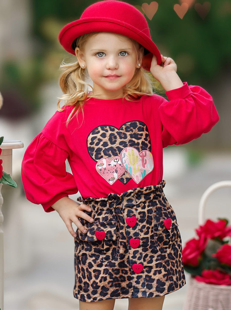 Girls Valentine's Outfit  Leopard Print Top And Heart Patch Legging Set –  Mia Belle Girls