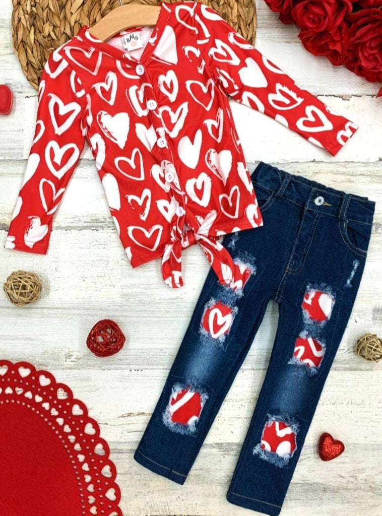 Girls Valentine's Outfits  Be Mine Ruffle Top And Bell Bottom Jeans Set –  Mia Belle Girls