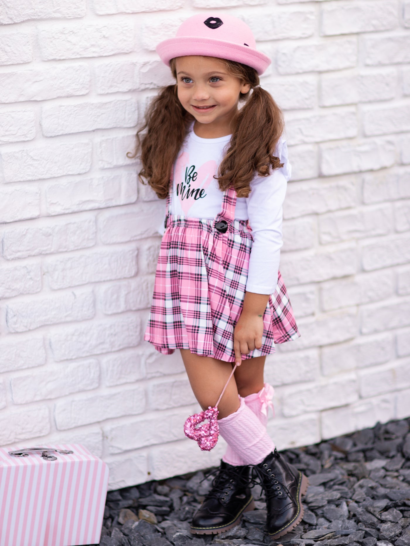 Toddler Valentine's Clothes  Be Mine Top And Plaid Suspender Skirt Set –  Mia Belle Girls