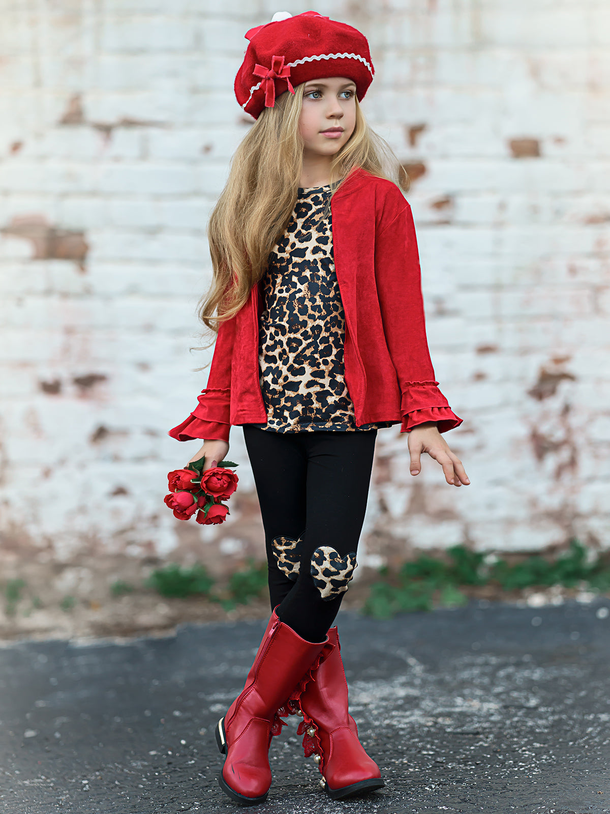 Little Girls Fall Leopard Top, Leggings And Jacket Set - Mia Belle Girls