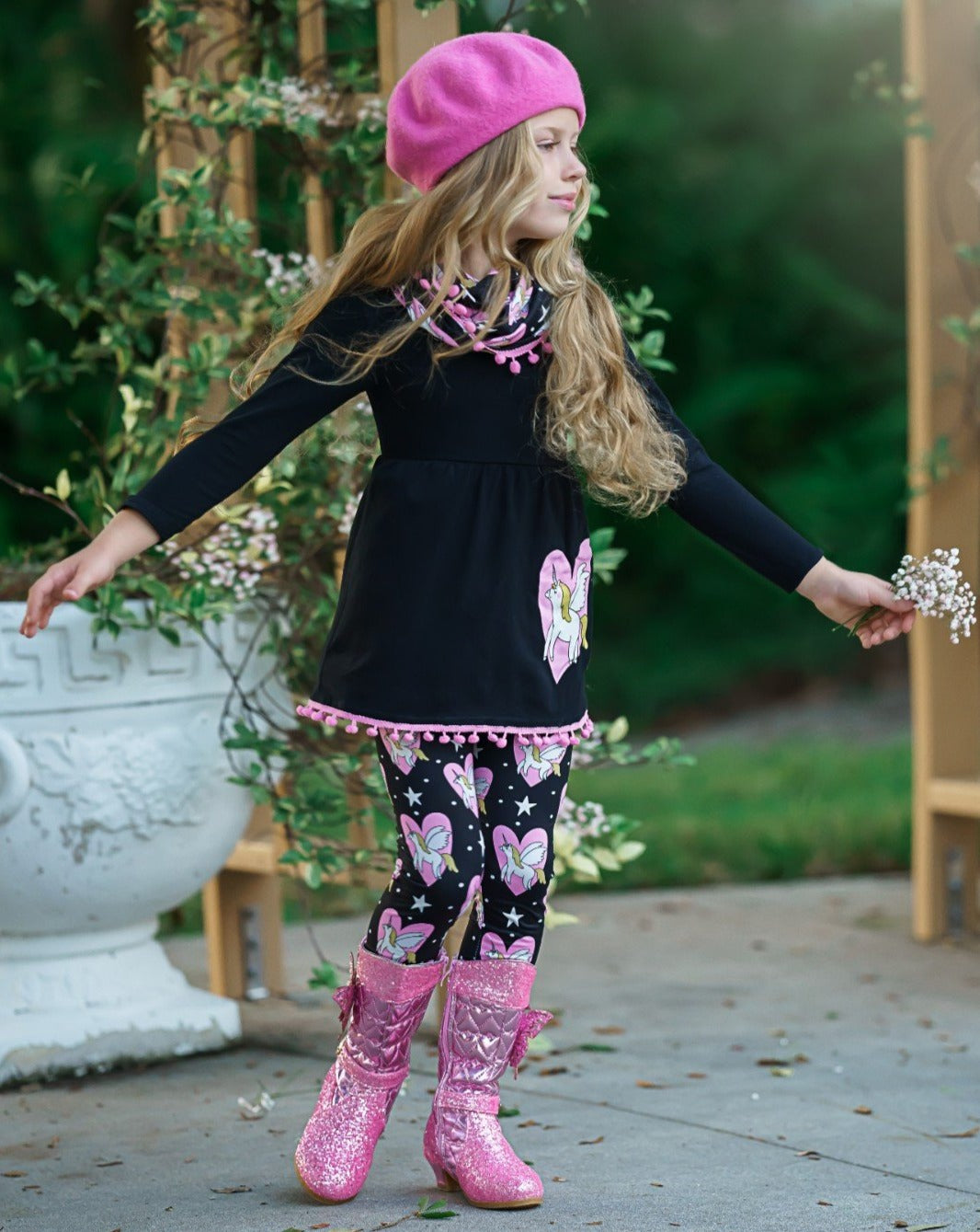 2-piece Kid Girl Unicorn Print Pompom Hem Long-sleeve Pink Top and Stars Print Leggings Set