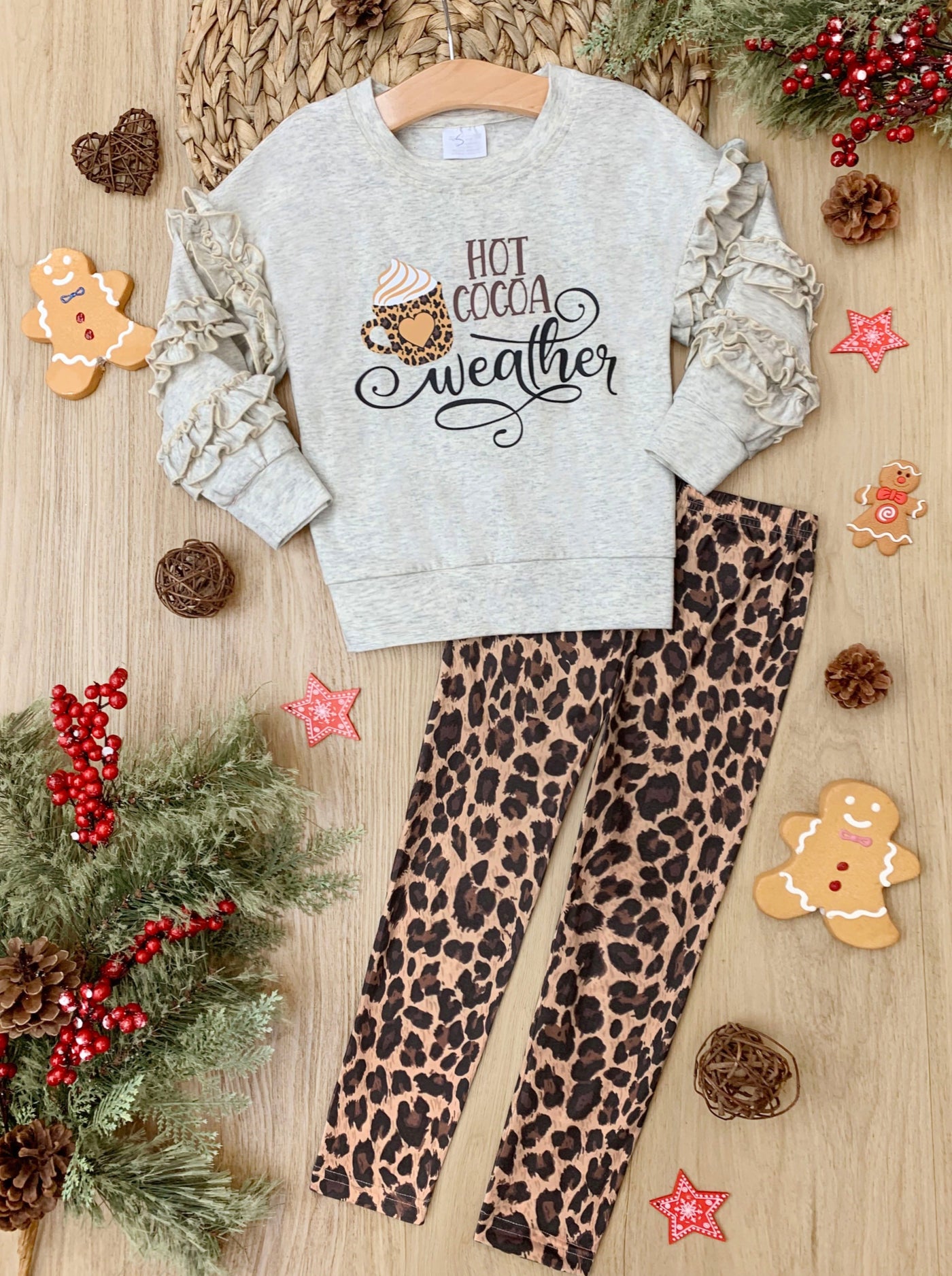 Girls Winter Casual Set Cocoa – & Leggings Hot Girls Pullover Leopard Belle Weather | Mia