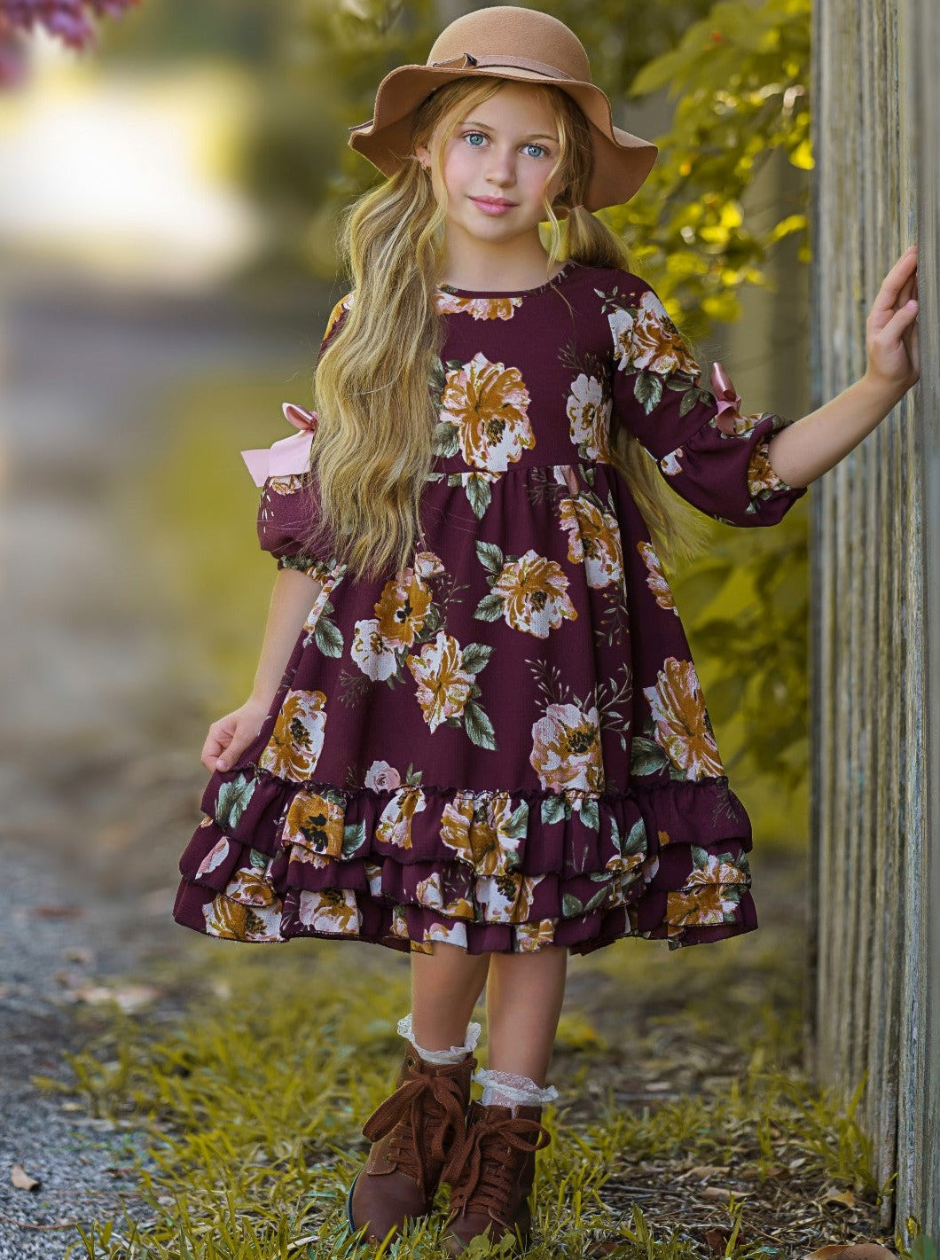 Little Girls Fall Boho Burgundy Floral Cloda Dress | Mia Belle Girls