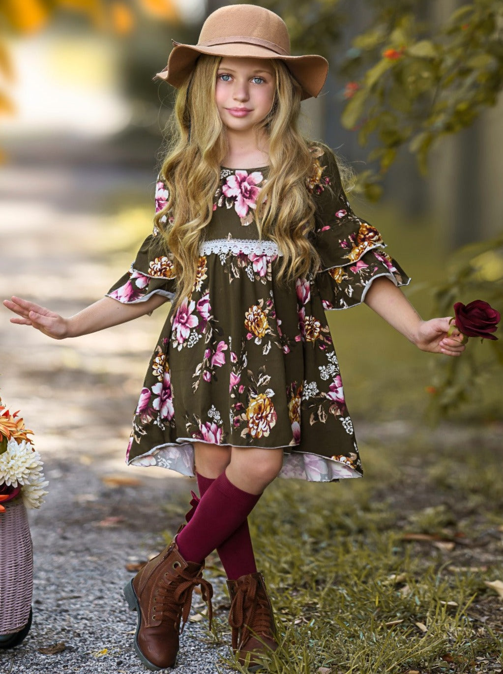 Little Girls Fall Dovie Olive Floral Hi-Lo Dress - Mia Belle Girls