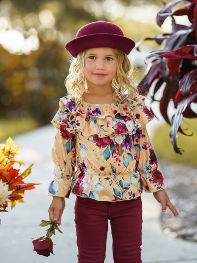 Girls Fall Floral Ruffle Top And Burgundy Jeans Set - Mia Belle Girls