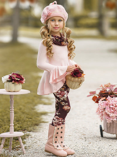 Cute Fall Kids Clothes | Abigail Pink Tunic Floral Scarf & Legging Set ...