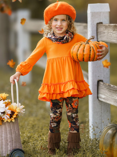 Little Girls Fall Outfits | Cute Floral Camo Tunic Scarf & Legging Set ...