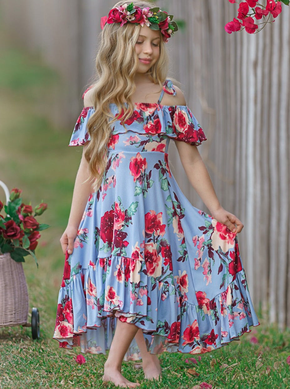 Toddler Spring Dresses | Girls Blue Floral Cold Shoulder Maxi Sundress