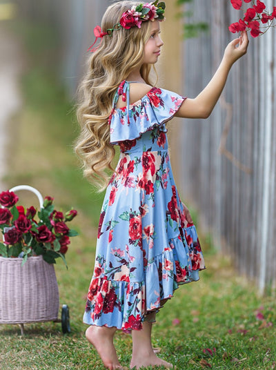 Toddler Spring Dresses | Girls Blue Floral Cold Shoulder Maxi Sundress