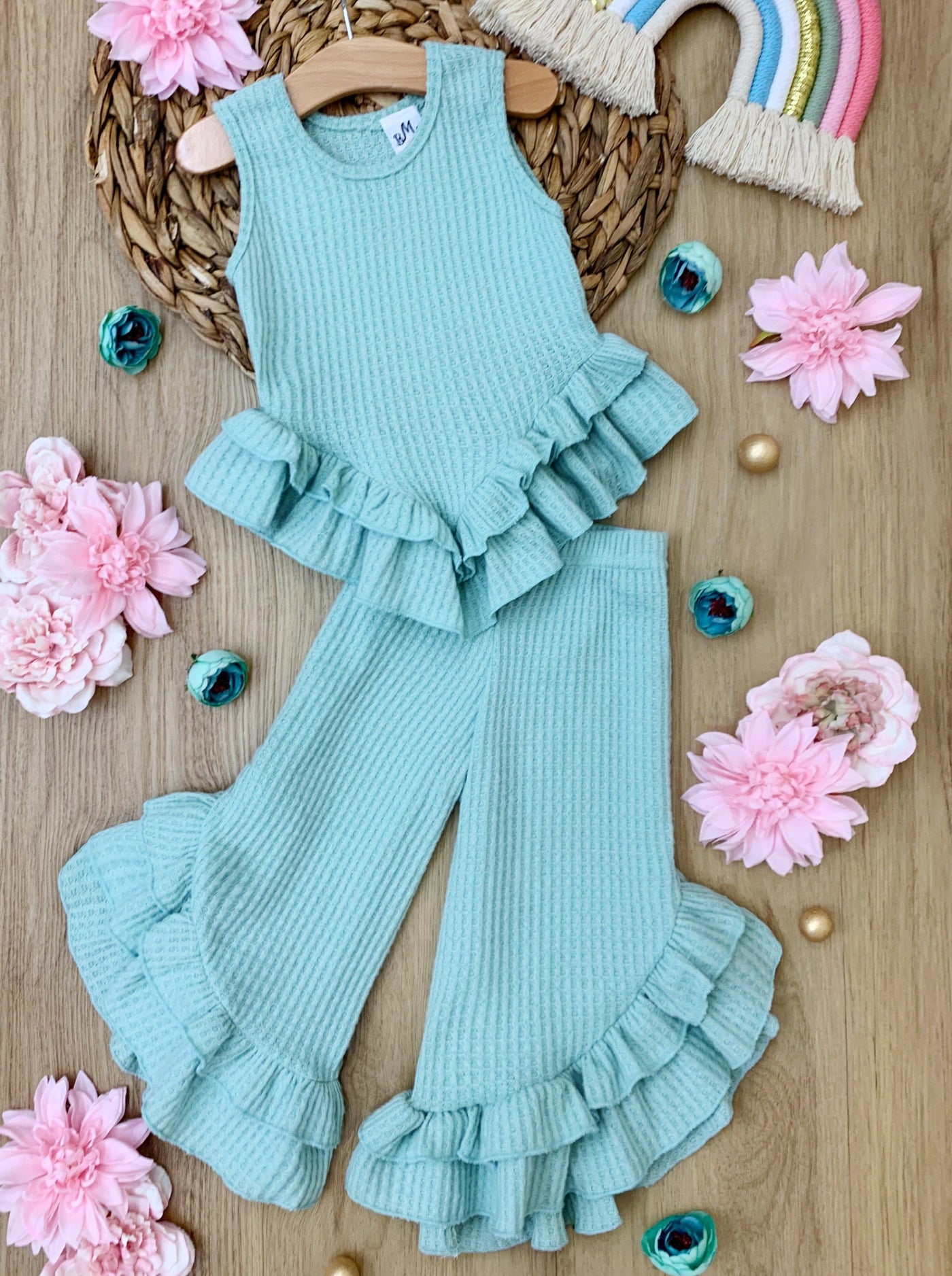 Cute Spring Outfit  Girls Pastel Ruffle Hem Top & Wide Leg Pants Set – Mia  Belle Girls