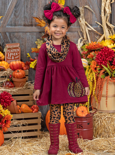 Leopard Print Pumpkin Tunic, Leggings And Scarf Set - Mia Belle Girls