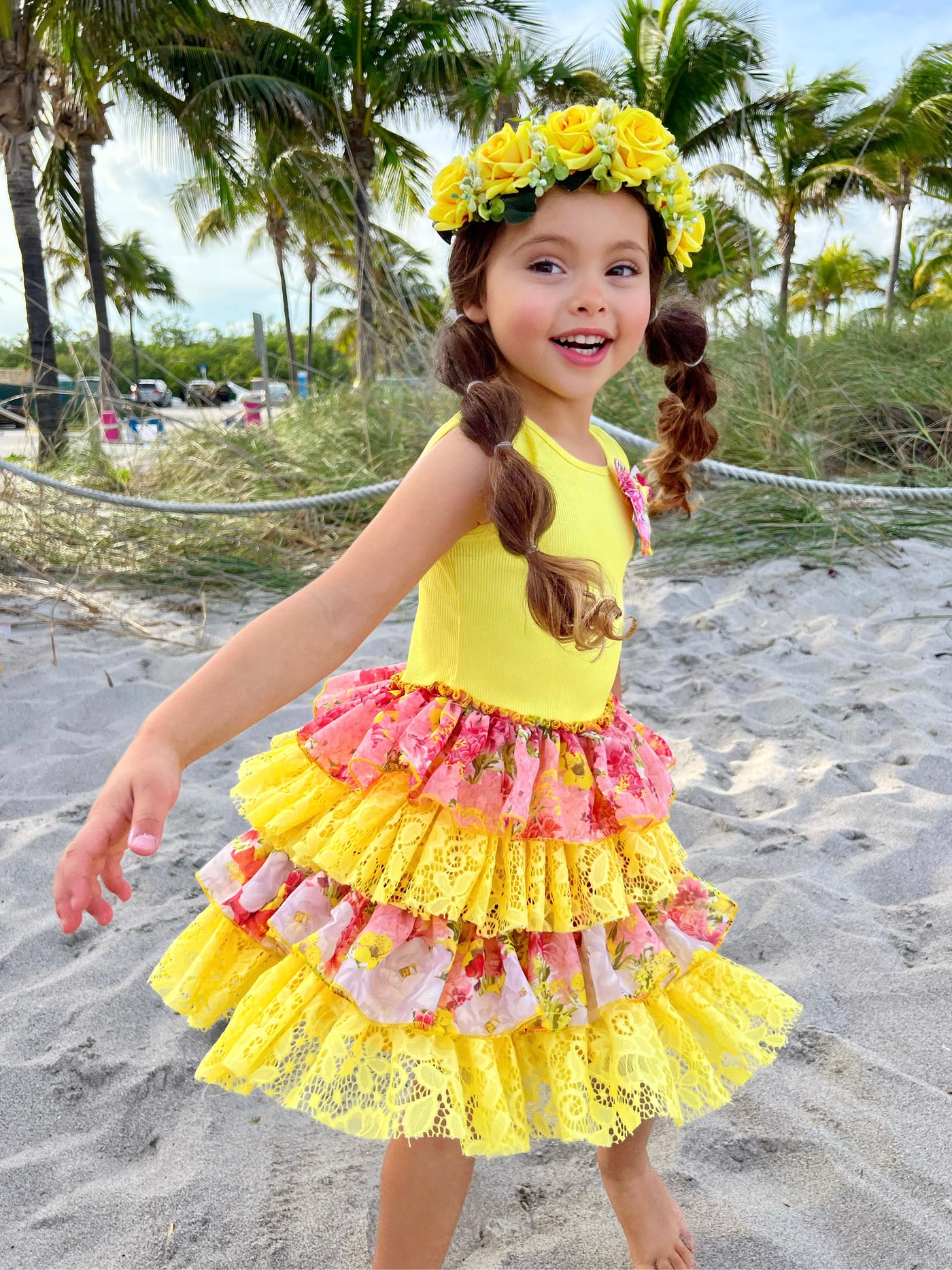Toddler Girls Yellow Tulle Dress -  4T / Pink (on Model)