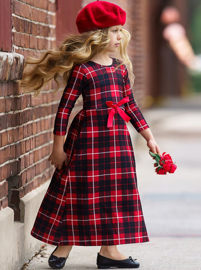 Girls Red & Black Plaid Long Sleeve Maxi Dress with Front Bow – Mia ...