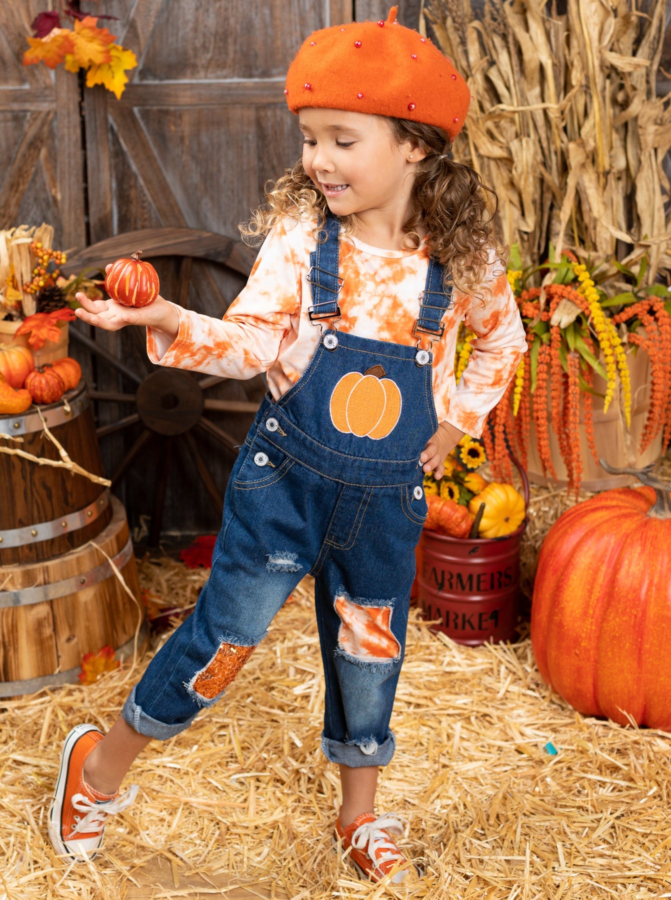 Girls Fall Outfits | Tie Dye Top & Pumpkin Patched Denim Overall Set ...