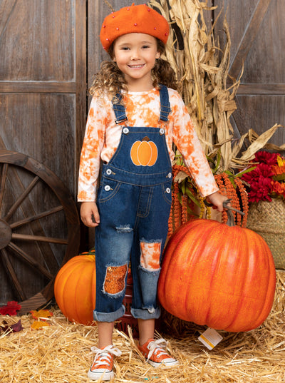 Girls Fall Outfits | Tie Dye Top & Pumpkin Patched Denim Overall Set ...