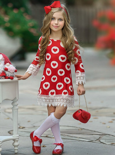 Kids Valentine's Day Dress | Girls Heart Print Pattern Lace Trim Dress ...
