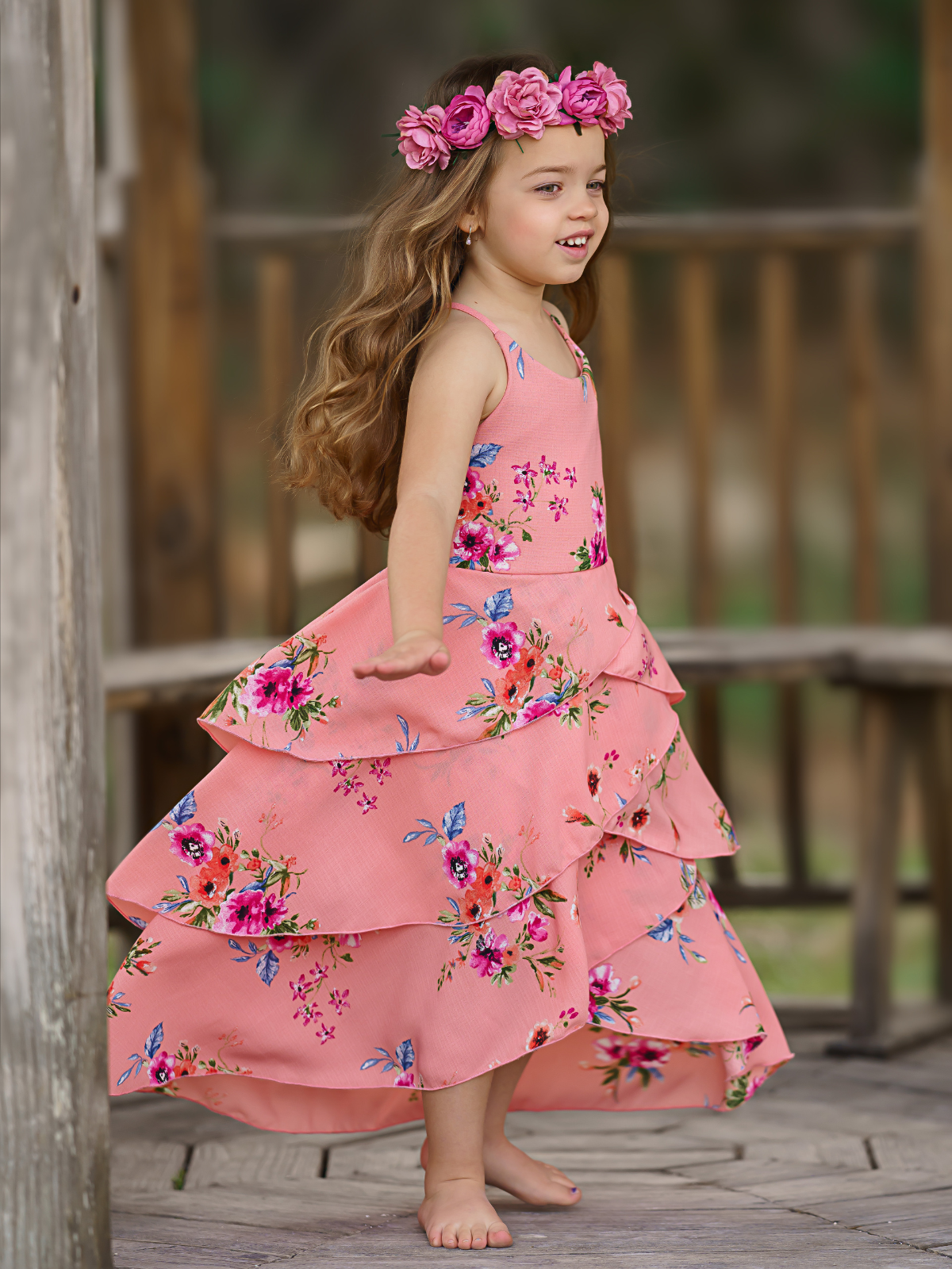 Toddler Spring Dresses  Girls Sleeveless Coral Floral Tiered