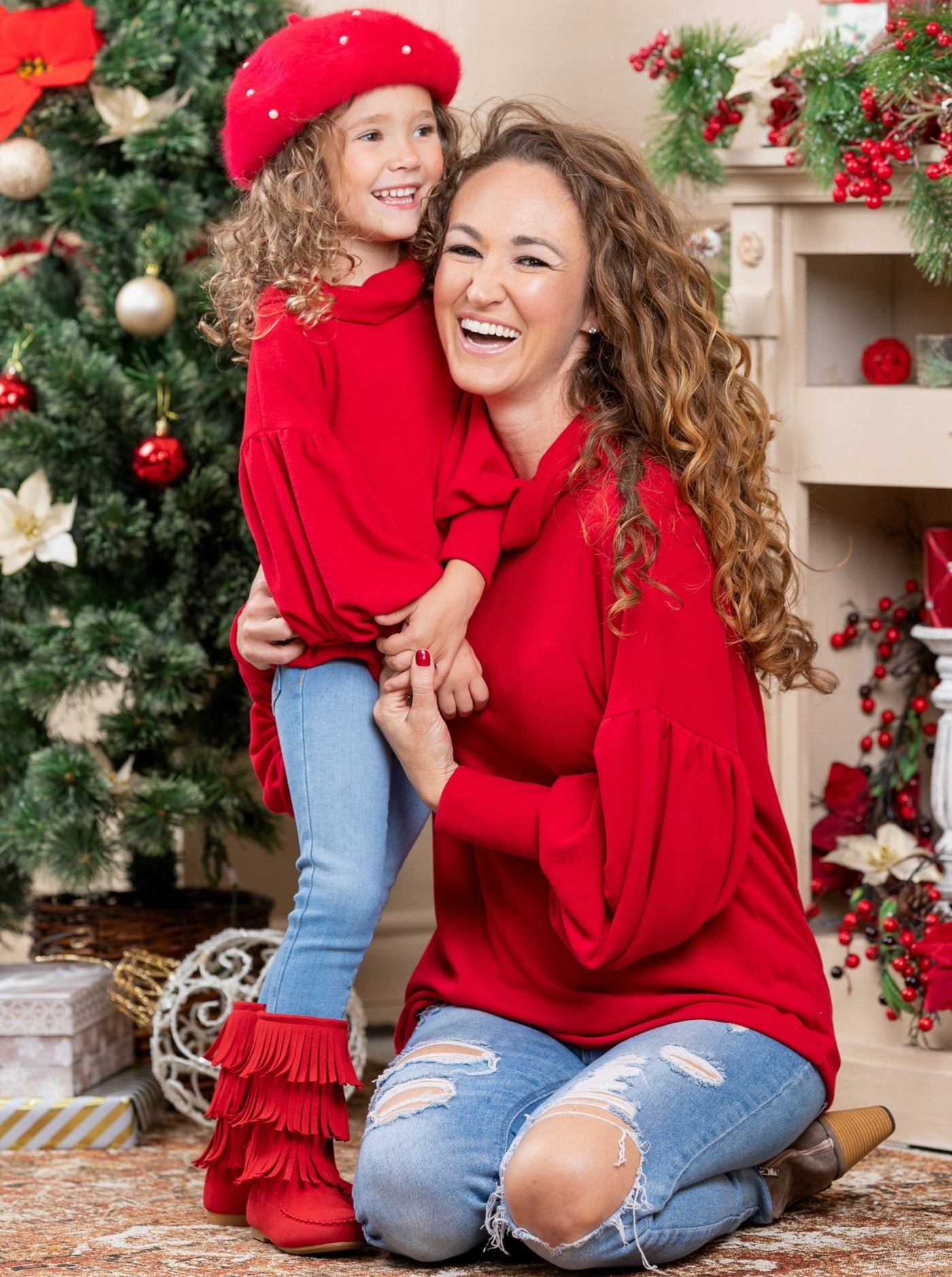 Mommy & Me Matching Tops | Winter Red Puff Sleeved Turtleneck Top – Mia ...