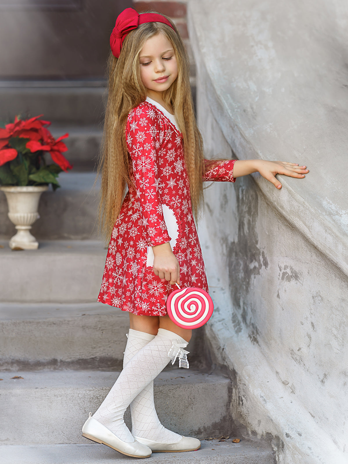 Girls Red Snowflake Print Long Sleeve Crochet Trim Pocket Dress – Mia ...